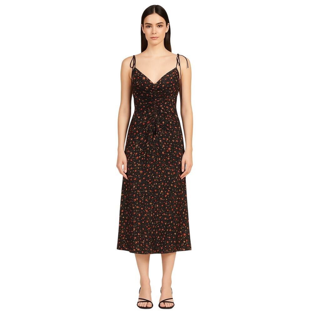 Sandro Paris Emmanuela Floral-print Satin Midi Dress In Black Red Sz 38/US 6